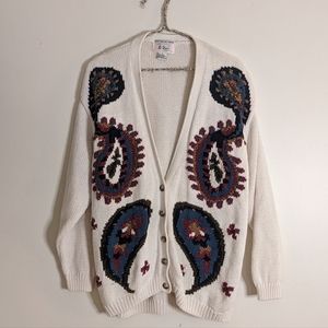 Vintage Earthtone Paisley Cozy Cardigan by Lee David Knitted by Hand sz L